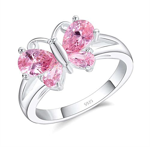 QUSIIOSLK 925 Sterling Silver Double Wing with Pink Cubic Zircon Butterfly Ring Sparkling Crystal Celtic Knot Knuckle Ring Cute Animal Birthday Jewelry Gift for Women Size 6-10 10