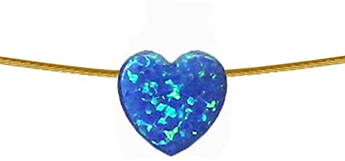 Blauer Opal Herz Halskette mit Edelstahl Collier Halsreif Vergoldet | Herz Halskette | Weiße Opal Schmuck | Eleganter Anhänger für Stahlreif | Länge wählbar (42)