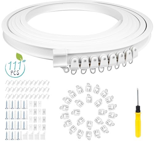 111-teiliges Set Vorhangschienen 5 Meter Flexible Biegbare Decken-Vorhangschiene Gardinenschiene gebogene Deckenschiene Deckenhalterung Weiße Gardinenhaken Zubehör für Vorhangschienensystem