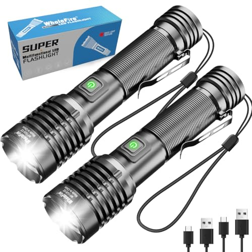 WholeFire 2 Stück LED Taschenlampe Aufladbar, Super Helle Taschenlampen | 20000 Lumen Taschenlampen mit 5 Lichtmodi, Batteriebetriebene Wasserdichte Taschenlampe für Camping, Wandern, Notfäll