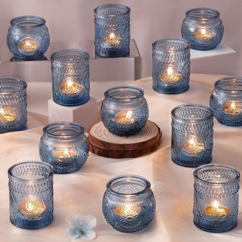 DARJEN 24Pcs Blue Votive Candle Holders - Glass Candle Holder for Party Decoration, Tea Lights Candle Holder for Wedding Shower & Gift