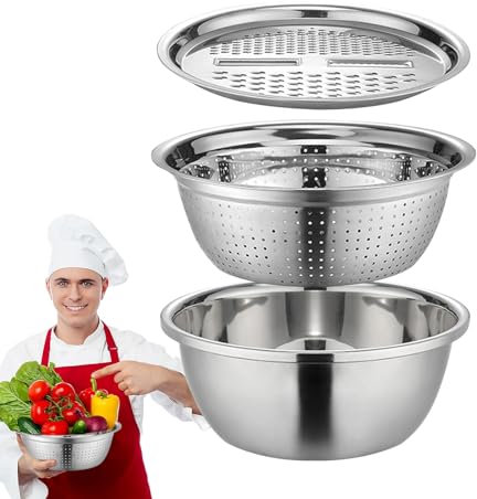Niktule Deutsches multifunktionales Edelstahlbecken,Edelstahl behälter 3-in-1-Siebe,Becken Rührschüssel Set,sieb küche,reibe mit behälter, Salatschüssel mit Abtropfkorb,Gemüseschneider und Reibensieb