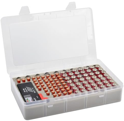 Scatola portaoggetti per batteria, con tester per batterie, per garage, con contenitore contiene 120 batterie AA AAA al litio 3 V CR123 LR44 CR2016 CR1632 (batterie non incluse)