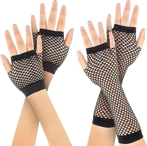 rayinblue 2 Paar Karnevals Fischnetz Handschuhe, 1 Paar Netzhandschuhe Lang1 Paar Netzhandschuhe Kurz für karneval kostüm damen 80er Retro Themenparty Frauen Kostümzubehör(Schwarz)