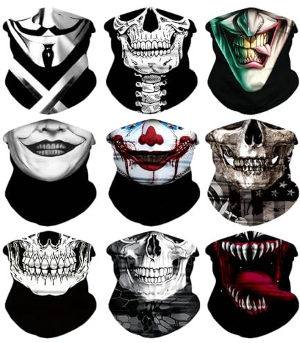 Meleager Multifunktionstuch Gesichtsmaske, Funktionstücher Totenkopf, 9 Stück Schlauchschal Halloween(s57-01), Elastische Schlauchtuch, Sturmmaske Halstuch Bandana Herren Damen für Laufen Wandern