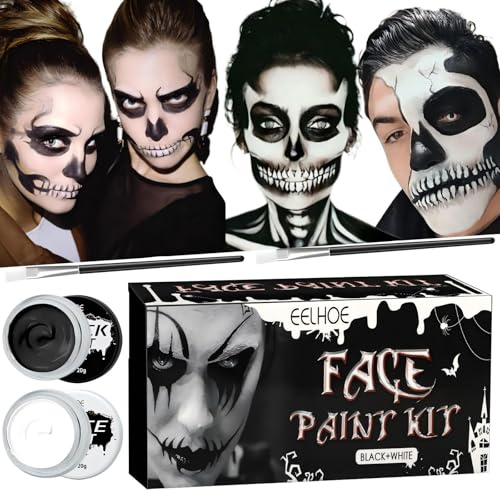 ZZQVIP Kit Trucco Halloween Nero e Bianco per Bambini e Adulti, Truccabimbi Sicuro e Anallergico con Fondotinta Bianco, Ideale per Vampiri, Zombie, Scheletri, Cosplay e Feste a Tema