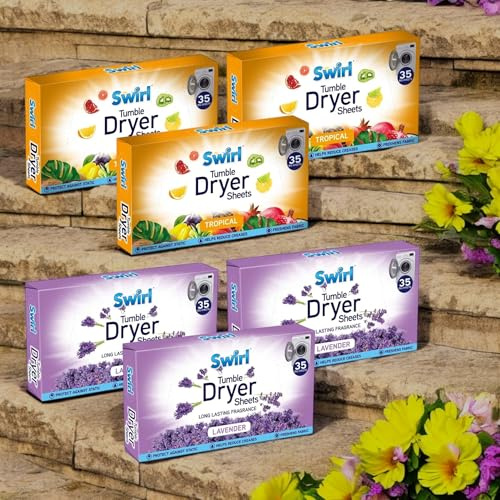 Swiŕl Tumble Dryer Lundry Sheets Bundle: 3 x 35 sheets swiŕl lavender & 3 x 35 sheets swiŕl tropical with Different Long Lasting Fragrance (Total 210 Sheets)