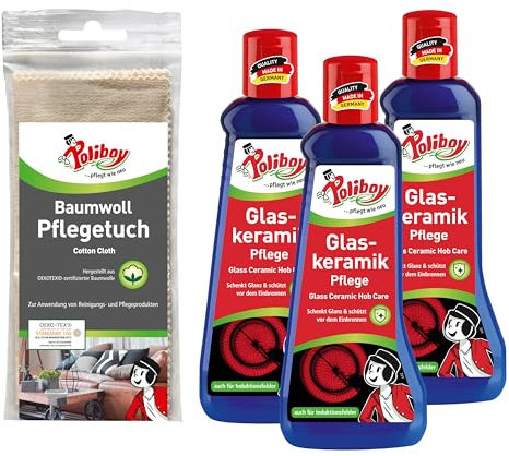POLIBOY Entretien pour vitrocéramique – Entretien céramique avec protection anti-brûlure – Nettoyant pour plaque de cuisson vitrocéramique – 3 x 200 ml – Avec chiffon en coton – Fabriqué en Allemagne