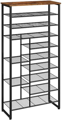 HOOBRO Schuhregal mit 10 Ebenen, Schuhablage für 27-30 Paare, industrielles Schuhregal mit unterschiedlichem Abstand, abnehmbares Gitter, für Eingänge, Flure, rustikales Braun und Schwarz EBF172XJ01