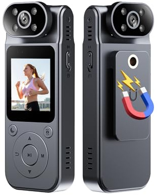 Camnoon Caméra corporelle 1080P avec enregistrement audio et vidéo Mini caméra portable avec caméscope, objectif rotatif à 180°, vision nocturne avec clip arrière magnétique
