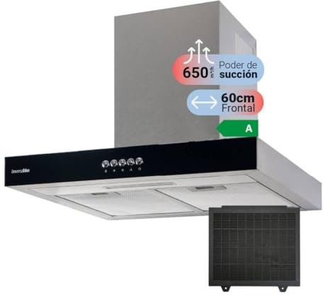 UNIVERSALBLUE Campana Extractora Decorativa En T 60 cm | Extractor Aire y Humo Eléctrico para Cocina en Cristal Negro y Acero Inoxidable | Potente 650 m³/h | Clase A | Filtro Carbono Incluidos