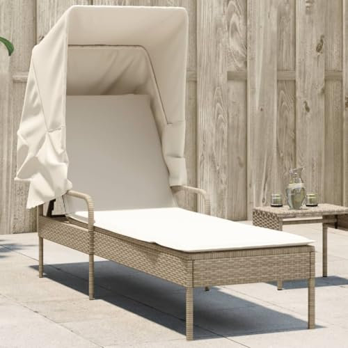 Somanki Sonnenliege mit Dach Beige Poly Rattan, Gartenliege, Liegestuhl, Sonnenstuhl, Sonneninsel Outdoor, Liegen, Gartenmöbel, Bäderliege, Relaxliege - 368192