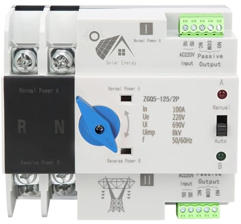 Interruptor de Transferencia Automática,ATS Fotovoltaico 220V 100A 2P AutomáTico Interuptor de Doble Transferencia Para Panel Solar y Electricidad Municipal