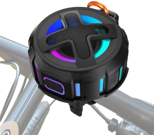 XLEADER Cykelhögtalare, bärbar Bluetooth-högtalare med styrfäste, IPX7 vattentät, liten trådlös högtalare med lampor, klämma, mikrofon, 10 W högt ljud och bassup, 15 H speltid, cykeltillbehör för