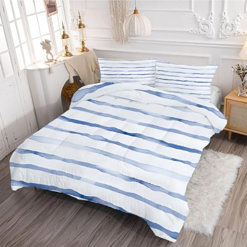 SYHIEGO Blaue Streifen Bettdecke 135x200 cm, 4-Jahreszeiten Steppdecke, Waschbare Ganzjahresdecke ohne Bezug, Abstrakt Muster Weiche Schlafdecke, Einzelbettdecke, Weiß -D966