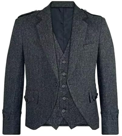 Veste écossaise à motif losanges avec gilet à 5 boutons – Classic Tweed Wool Elegance | Veste kilt de mariage pour homme, gris charbon, 50
