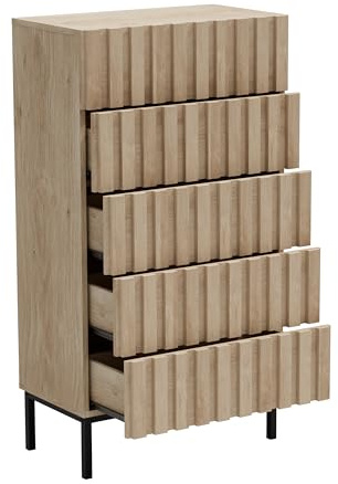 UEV Kommode mit 5 Schublanden, 60x34x110cm, Aufbewahrungskommode, Modern Schrank, Highboard, Sideboard mit Schubladen, Schmal kommode, Schrank für Wohnzimmer Schlafzimmer Flur (Natur)