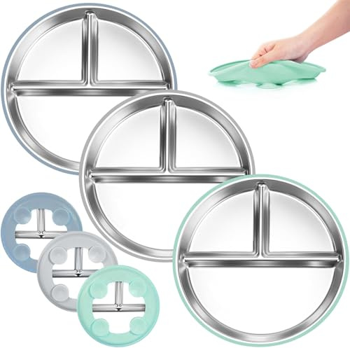 AuraFusion Babyteller mit Saugnapf – 3er Set Kinderplatten in Grau, Blau und Mintgrün, Sichere Silikon-Platten mit 4 Saugnäpfen, Spülmaschinenfest