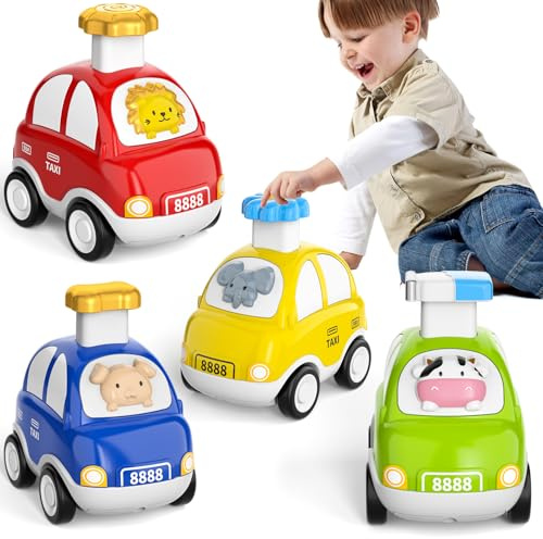 BLmukce Spielzeugautos für Kinder ab 3 Jahre – 4er Set Tier-Autos (Kuh, Hund, Elefant, Löwe) | Baby Spielzeug Autos für Jungen & Mädchen, Lernspielzeug Geschenk