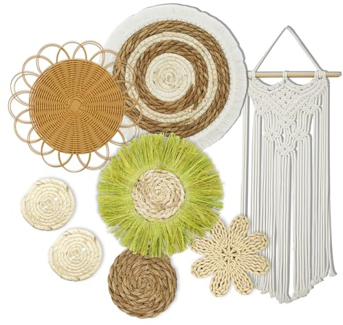 CeyKvo Boho väggdekorationsset – 7 stycken vävda väggkorgar av vattenhyacint och majsskål + 1 styck handgjord makramé gobeläng – perfekt för vardagsrum, sovrum, matsal, kontor, barnrum