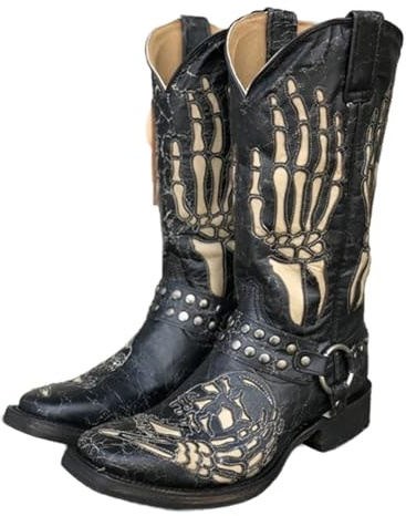 Western Cowboy Boots Men's Biker Boots Elegant Knight Boots Square Head Embroidery Side Men's Boots Vintage Colour Block Casual Buckle Riding Boots, black, 9.5 UK