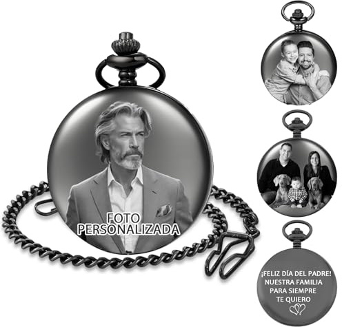 QSZ Reloj de Bolsillo Personalizado con Foto Texto Grabados Reloj de Bolsillo Vintage con Cadena Hombre Abuelo Esposo Hijo Padre Padrinos de Boda (Versión con Imagen Personalizada)