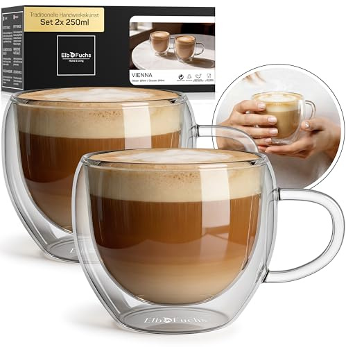 ElbFuchs Cappuccino Tassen Glas doppelwandig mit Henkel 2x 250ml Thermogläser für Cappuccino & Kaffee – isolierende Kaffeegläser mit Schwebeeffekt – spülmaschinenfest
