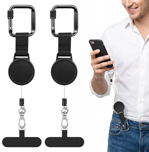ZaejjaeY 2 Pcs Phone Lanyard with Retractable Steel Cable Locking Carabiner | 360° Anti-Tangle Rotation, Case-Friendly Tether Tab, Dual-Phone Convenience, Travel & Commuting Use