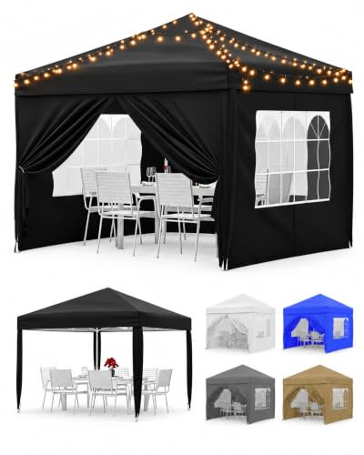Faltpavillon 3x3m Wasserdicht Stabil,Pop Up Pavillon mit 4 Seitenwände | Schwarz,UV50+ Sonnenschutz Faltzelt,Höhenverstellbar,Abnehmbaren Seitenteilen,für Garten,Terrasse,Markt und Party