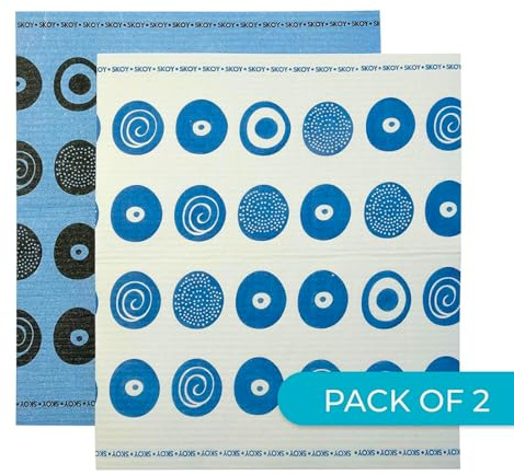 Skoy Cloth, Large 2-Pack Versatile Swedish Dishcloths for Kitchen and Household Use, Reusable Cleaning Cloths, Planet-Friendly, Dishwasher and Dryer-Safe, Blue/White