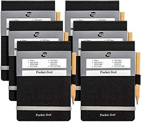 Pukka Pad, A7 Pocket Book and Pencil – Pack of 6 Head-Bound Notepads with Elasticated Closures and Pencil Holders – 200 Pages of 60GSM Paper with 8mm Lines Per Pad – 86 x 129cm, Black