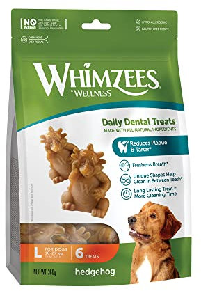 WHIMZEES Igel, Kaustangen für große Hunde, Hundesnack zur Zahnpflege, Größe L, 6 Stück, ohne Zuckerzusatz, getreidefrei, natürlich, fettarm
