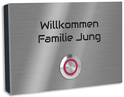 Jung Edelstahl Design Türklingel mit Gravur London 2 Klingelplatte in verschiedenen Größen. Varianten als Aufputz oder Unterputz Klingelschild. Klingel mit LED Taster rot. und Schraubkontakten.