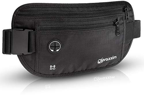 praxxim Bauchtasche für Damen und Herren - EXTRA FLACH - Hüfttasche für Handys bis 7 Zoll - Gürteltasche ideal zum Sport, Reisen und als Lauftasche für Jogging - Bauchtasche schwarz, stylisch