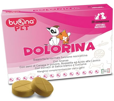 Dolorina Buona Pet Mangime Complementare per Cani e Gatti Con Boswellia, Salice Bianco, Acido Alfa Lipoico, Semi di Canapa e Ananas, Supporto alla Funzione Nocicettiva, 20 Compresse Appetibili