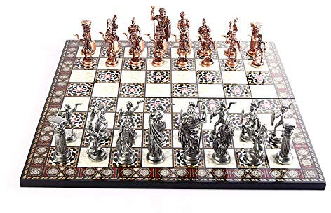 GiftHome Historisches antikes Kupfer Rom Figuren Metall Schachset für Erwachsene, handgefertigte Stücke und Mosaik Design Holz Schachbrett König 10,9 cm