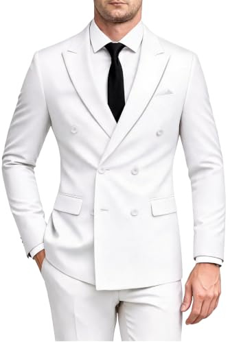MOGU Men's Double Breasted Suit Slim Fit 2 Piece Suit with Pants,36 White