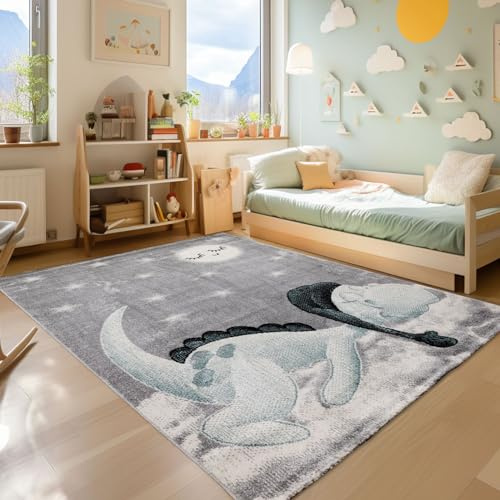 SIMPEX KinderTeppich, Dinosaurier Design, Blau, 120 x 170 cm, Teppich für Kinder