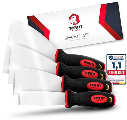 RAM TOOLS® Spachtel, Spachtel Set aus Edelstahl, 2x EXTRA stark zum Tapeten entfernen mit Anschliff und Metallkappe, 2x flexible Malerspachtel, Maler Werkzeug