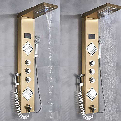Huin Robinet de douche de salle de bains en or de luxe LED panneau de douche colonne mitigeur de baignoire avec écran de température de douche à main