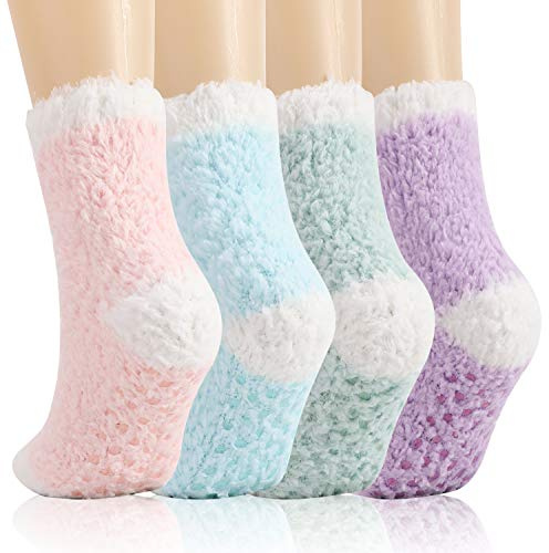 QKURT Fluffy Socks, Anti-Slip Fuzzy Socks Winter Thermal Cozy Slipper Sleep Socks for Women Girls