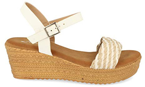 48415-Sandalia de Mujer Estilo Boho Chic con Cuna Imitacion Yute, con Pala de Rafia y Cierre de Hebilla. Primevera Verano 2020. Talla 40 Blanco