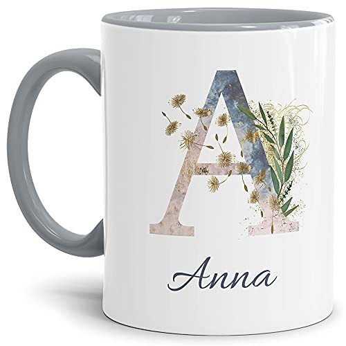 Tasse mit Buchstabe A und Blumen - mit Name personalisiert - Initiale, Namens-Tasse, Buchstaben Tasse, Geschenk I Keramik Innen & Henkel Grau, 300 ml