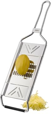 GEFU Hobel RASPINI - Multifunktionshobel mit 3 Einsätzen | Julienne, Scheiben & Feinreibe aus Edelstahl – für Gemüse, Obst & Käse, bis 6 cm Breite, spülmaschinengeeignet