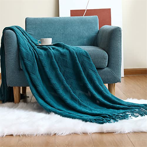 Hayisugal Wohndecke Boho Decke Weich Strickdecke Wolldecke mit Quaste Kuscheldecke Sofadecke Couch Decke Überwurfdecke Tagesdecke, Blau, 130 x 200cm