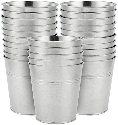 SINJEUN Lot de 25 seaux de 12 x 12 x 9 cm, petits pots de fleurs ronds en fer galvanisé, en métal galvanisé, pour balcon, décoration de jardin, artisanat, rangement de la maison, argenté