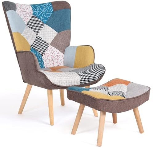 IDMarket - Poltrona scandinava IVAR con poggiapiedi in tessuto patchwork multicolore