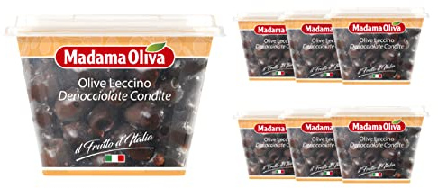 MADAMA OLIVA, Olive Nere Leccino Denocciolate Condite dal Sapore Speziato e Leggermente Aromatico, Ideale per Stuzzichini e Antipasti, 100% Made in Italy, 6 x 200 gr