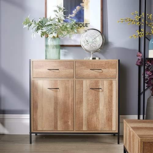Home Source Compact Sideboard Chest Cupboard Storage Unit Modern Finish with Drawers, Weathered Oak, Large (SIDOAKSML)