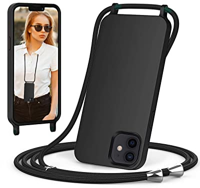 ScandiCasis Handykette für iPhone 12 Mini Hülle mit Band, Handyhülle mit Schnur zum Umhängen, weiche TPU Silikonhülle mit Band [verstellbar] [abnehmbar] Halskettenhülle für iPhone 12 Mini-Schwarz